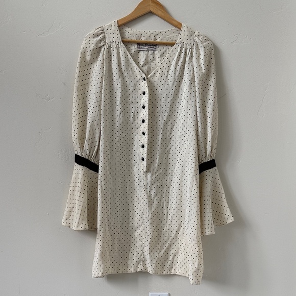 Young Edwardian Dresses & Skirts - Vintage Young Edwardian by Arpeja Polka Dot Babydoll Mini Dress w/ Flare Sleeves